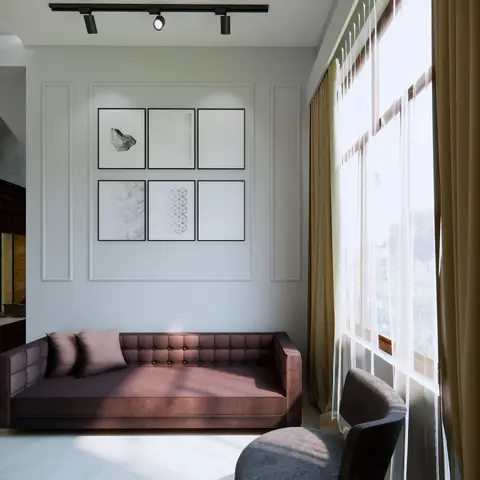 Render of a living room with a plum tufted sofa beneath a six-panel gallery wall of framed prints in a moulded wall recess, lit by track spotlights