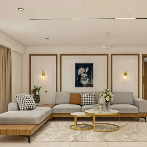 Render of a living room with three teak-beaded wall frames behind a dove-grey L-sofa on a wood plinth