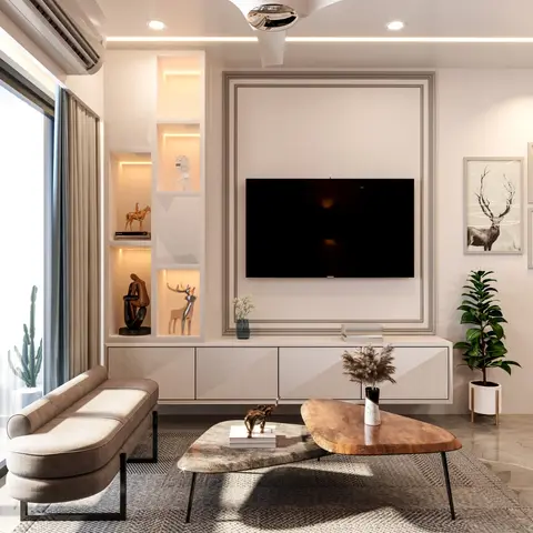 Render of a living room with a moulded TV feature wall, backlit display niches holding curios, a gallery wall of framed prints