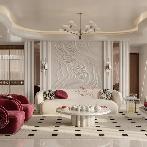 Render of a living room with a sculptural wave-carved fluted plaster wall, a multi-arm ceramic chandelier