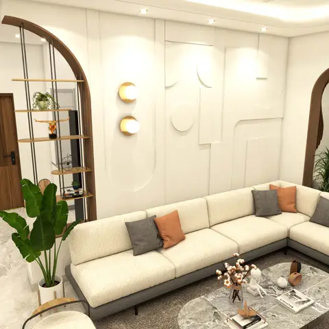 Render of a living room with a sculpted white plaster relief wall of overlapping ovals and rectangles, twin brass disc sconces