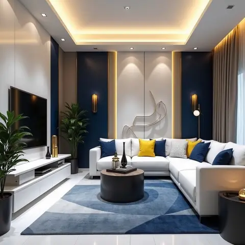 Render of a living room with navy blue wall panels trimmed in gold, an abstract wall sculpture, a white sectional sofa with mustard and navy cushions