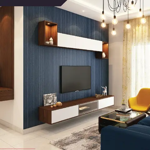 Render of a living room with a blue pinstripe-wallpaper TV wall and floating wood-and-white console, a mustard-yellow accent chair beside a navy sofa