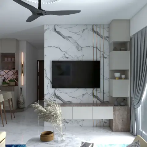 Render of a living room with a white marble slab TV wall inlaid with vertical brass strips, a handleless cream floating console and stepped display boxes