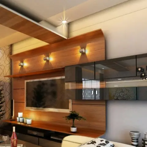 Render of a living room with a curved walnut veneer TV feature wall lit by cylindrical wall sconces, black glass display cabinets, geometric wallpaper