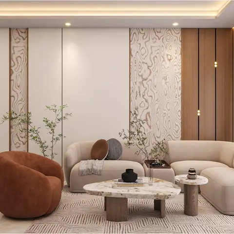 Render of a living room with a curved beige sectional sofa, a rust-orange bouclé swivel armchair, live-edge wood-grain wall panels