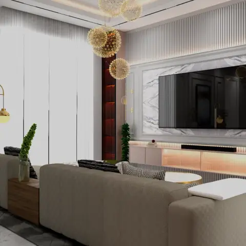 Render of a living room with a wide grey-veined marble TV panel framed in white moulding, a blush fluted console glowing from a lit recess beneath it