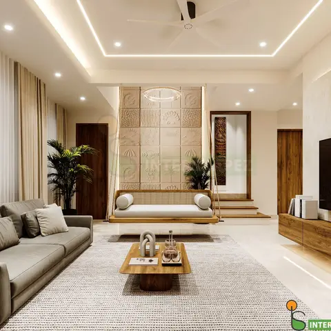 Render of a living room with a suspended cane-and-wood daybed swing in front of a carved stone feature wall, a grey sofa facing a wood coffee table.