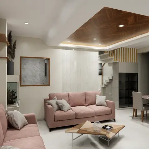 Render of a living room with two dusty-pink fabric sofas and a two-tone wood coffee table under a walnut-veneer ceiling raft with cove light