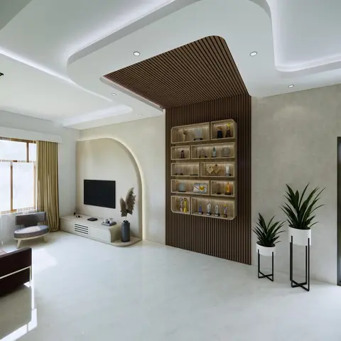 Render of a living room with a fluted wood ceiling-to-wall feature wrapping into a backlit display shelf for trophies