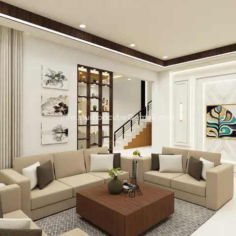 Render of a living room with a beige L-shaped and loveseat sofa set around a wood coffee table, a moulded feature wall with framed art
