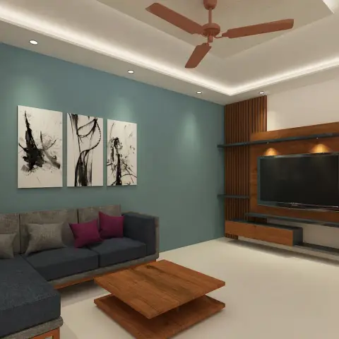 Render of a living room with a teal accent wall carrying a black-and-white ink triptych