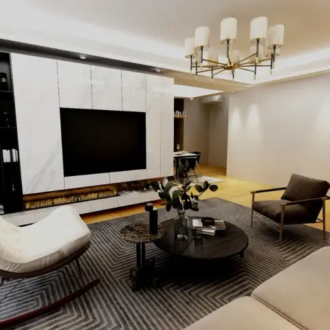 Render of a living room with a white marble TV wall running a linear fire strip under the screen, a black open bookcase column at one end