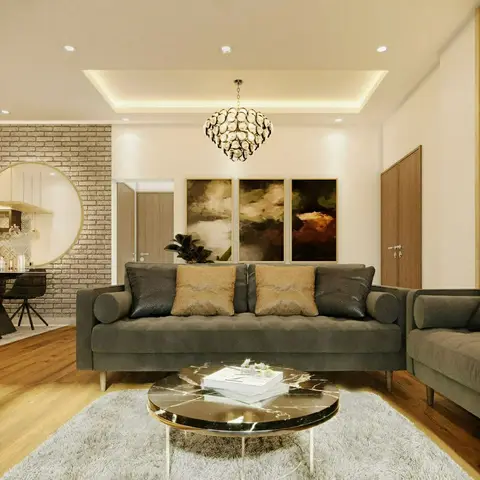 Render of a living room with two olive-grey tufted sofas facing a round black marble coffee table on a shaggy rug
