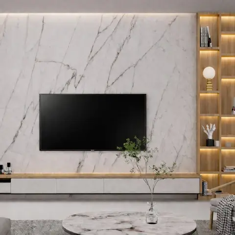 Render of a living room with a book-matched white marble TV feature wall, a floating wood-and-white TV console