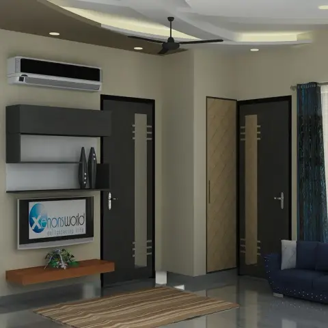 Render of a living room with a wenge-and-white wall-hung TV unit under a split AC, a curved cove-lit POP ceiling carrying a fan