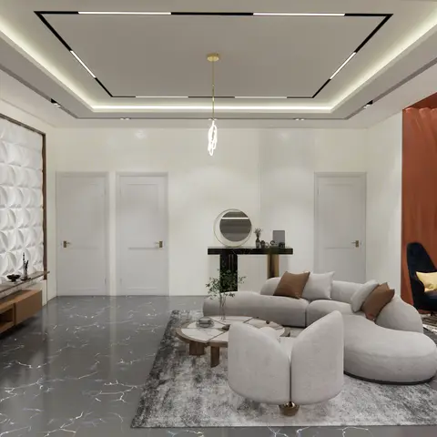 Render of a living room with a curved boucle sectional sofa, a 3D geometric white wall panel behind the TV