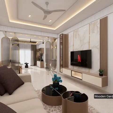 Render of a living room with a marble-and-fluted-wood TV wall, a decorative gold-ribbed screen partition