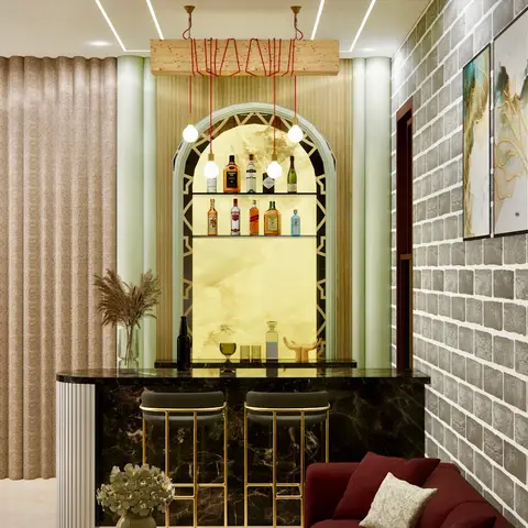 Render of a living room with a built-in home bar in a backlit arched onyx niche, gold-framed bar stools, a brick-pattern accent wall with framed art