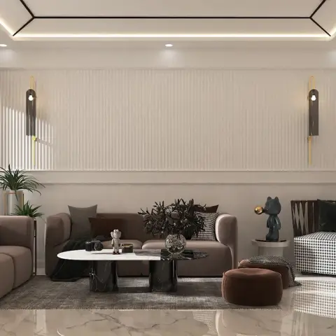 Render of a living room with two chocolate-brown sofas and a black-and-white houndstooth armchair on polished white marble