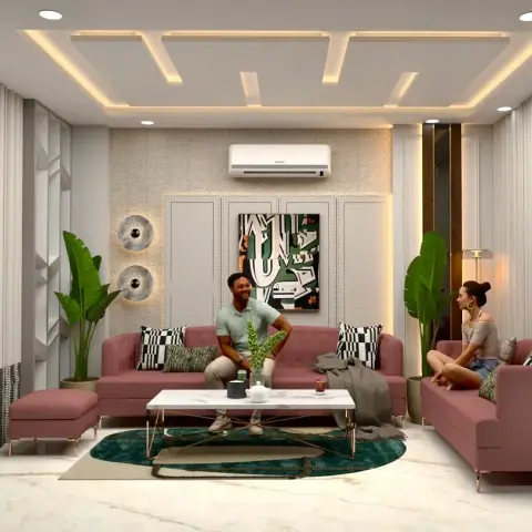 Render of a living room with dusty-pink sofas around a marble coffee table on a round teal rug