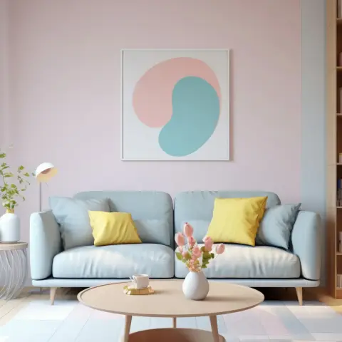 Render of a living room with a light blue sofa, yellow accent cushions, and a pastel pink wall featuring an abstract art print.