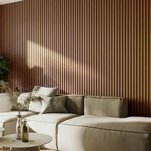 Render of a living room with a full-height fluted wood slat accent wall behind a cream modular sofa and round terrazzo side tables.