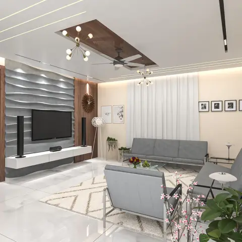 Render of a living room with a wavy stone-textured TV feature wall, a wood-panelled ceiling inset hung with two sputnik chandeliers