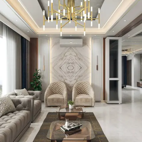 Render of a living room with a book-matched marble feature wall, brass sputnik-style chandelier