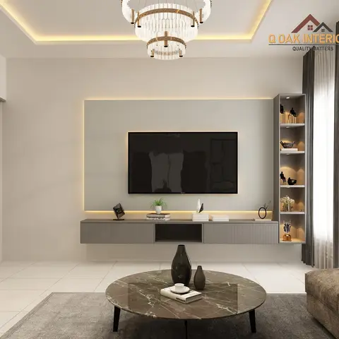 Render of a living room with a backlit grey TV feature wall, a fluted display shelf styled with figurines, a round marble coffee table