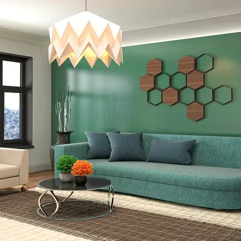Render of a living room with a teal sofa and cream armchair against a green accent wall styled with a hexagon wood wall-art cluster