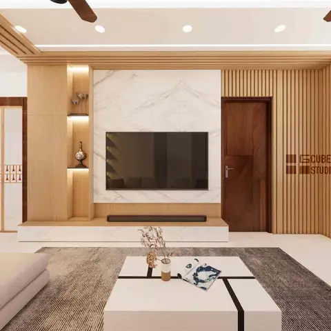 Render of a living room with a fluted wood-panelled wall, a marble-clad TV backsplash, a beige sofa and marble-top coffee table