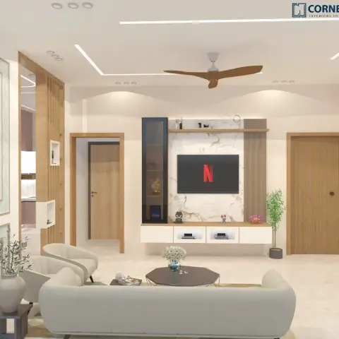 Render of a living room with a floating marble-backed TV unit, fluted wood accent strip, and a leaf-pattern wallpaper panel beside the entry doors.