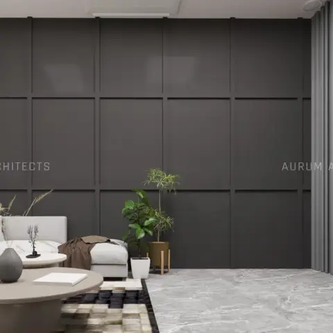 Render of a living room with a dark grid-panelled feature wall, a fluted light-wood slat wall, an L-shaped grey sofa