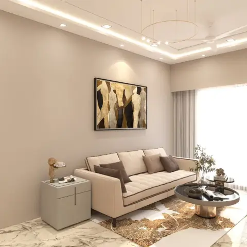 Render of a living room with a cove-lit stepped false ceiling, a ring pendant chandelier, a beige tufted sofa