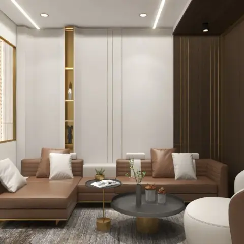Render of a living room with a tan leather sectional sofa and white armchair against a dark fluted wood panel wall with a backlit gold-trimmed display niche.