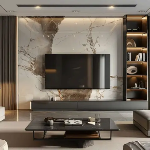 Render of a living room with a dramatic bookmatched marble TV feature wall, a floating charcoal console, a backlit display shelving column