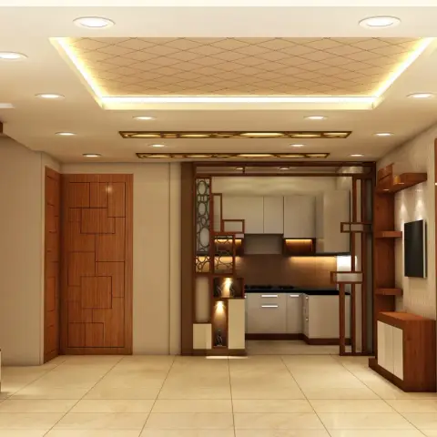 Render of a living room with a fretwork (jaali) wood partition dividing it from the kitchen beyond, a stepped trellis-patterned false ceiling
