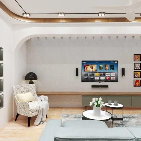 Render of a living room with a wall-mounted TV on a textured plaster wall, a floating sage-green console, a gallery of colourful framed art