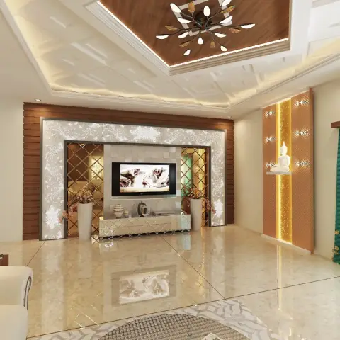 Render of a living room with an ornate mirrored-and-carved TV feature wall, marble flooring, a multi-tier pop ceiling with wood inlay