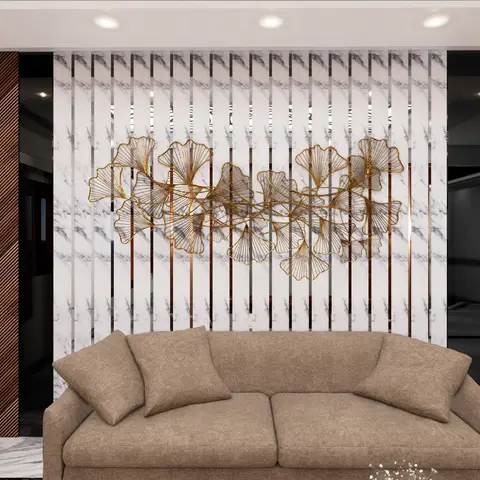 Render of a living room with a beige linen sofa beneath a large gold wire ginkgo-leaf wall sculpture mounted on a marble-and-mirror strip accent wall