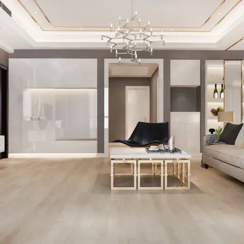 Render of a living room with a marble-clad TV wall, a black leather chaise lounge chair, a gold cube coffee table