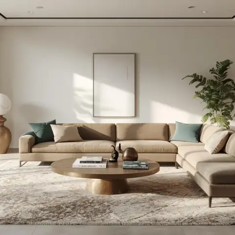 Render of a living room with a beige sectional sofa and teal accent pillows around a round wood coffee table, a large sphere floor lamp, a monstera plant