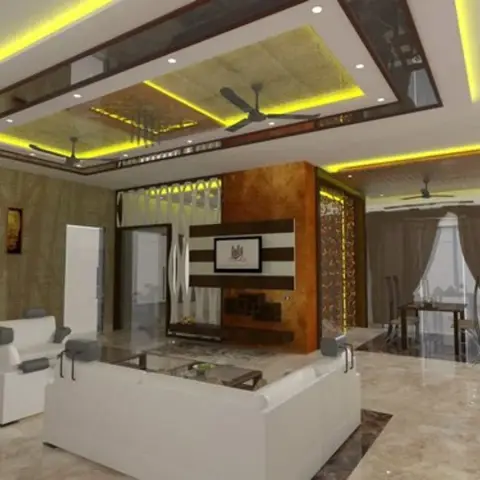 Render of a living room with a multi-tier cove ceiling lit in amber LED, a gold textured TV feature wall, white sofas, and a dining area visible beyond.