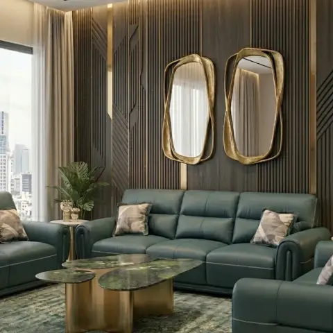 Render of a living room with emerald leather sofas, twin gold oval mirrors on a wood-slat wall with brass inlay