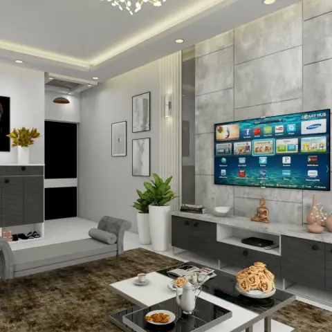Render of a living room with a concrete-effect tiled TV wall and a marble-topped grey console, grey chaise-style seating on a brown shaggy rug