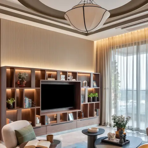 Render of a living room with a curved cove-lit POP ceiling, a backlit fluted-wood TV shelving wall, sheer floor-to-ceiling curtains, and a blue-toned area rug.