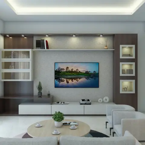 Render of a living room with a wood and white TV unit against a damask-patterned wallpaper backdrop, framed display niches either side
