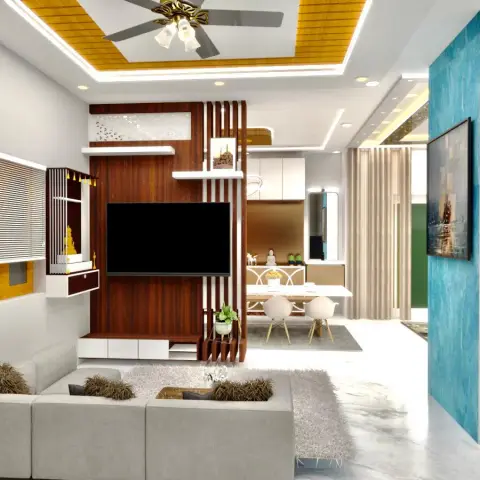 Render of a living room with a rosewood-laminate TV panel carrying white floating shelves and a CNC jaali strip