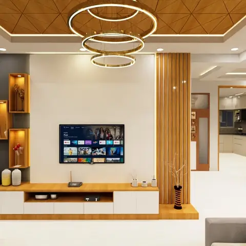 Render of a living room with a teak TV console and backlit box niches under a triangular-patterned wood ceiling raft